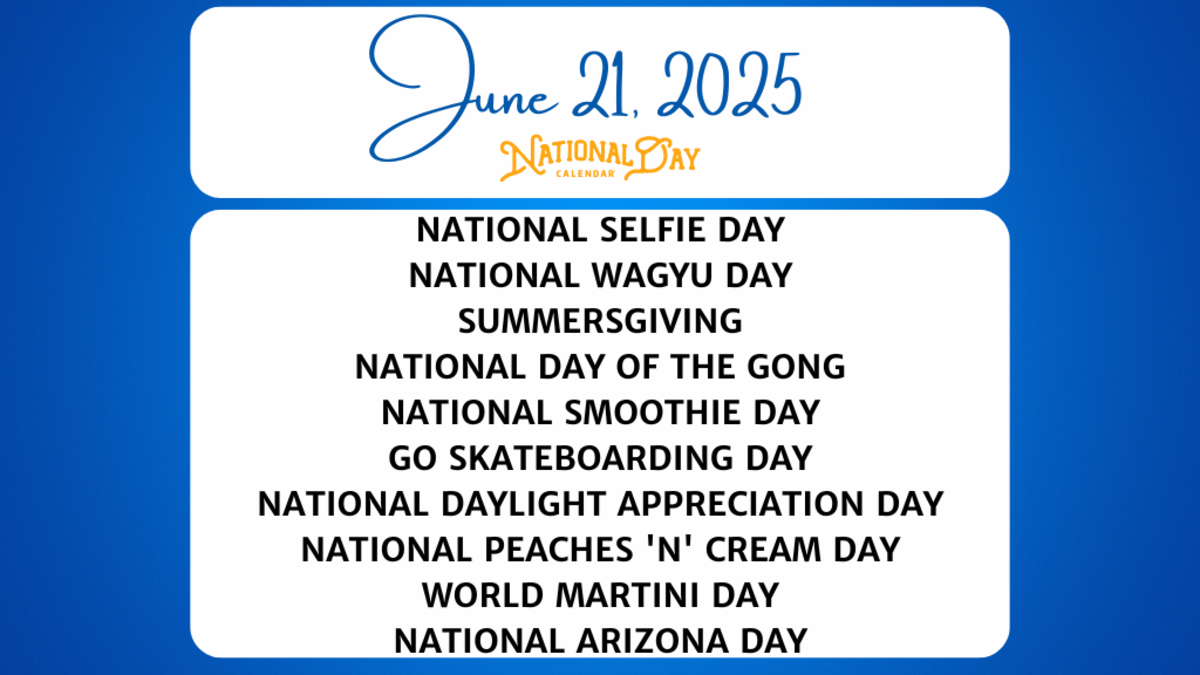 JUNE 21, 2025 | NATIONAL SELFIE DAY | NATIONAL WAGYU DAY | SUMMERSGIVING | NATIONAL DAY OF THE GONG | NATIONAL SMOOTHIE DAY | GO SKATEBOARDING DAY | NATIONAL DAYLIGHT APPRECIATION DAY | NATIONAL PEACHES 'N' CREAM DAY | WORLD MARTINI DAY | NATIONAL ARIZONA DAY